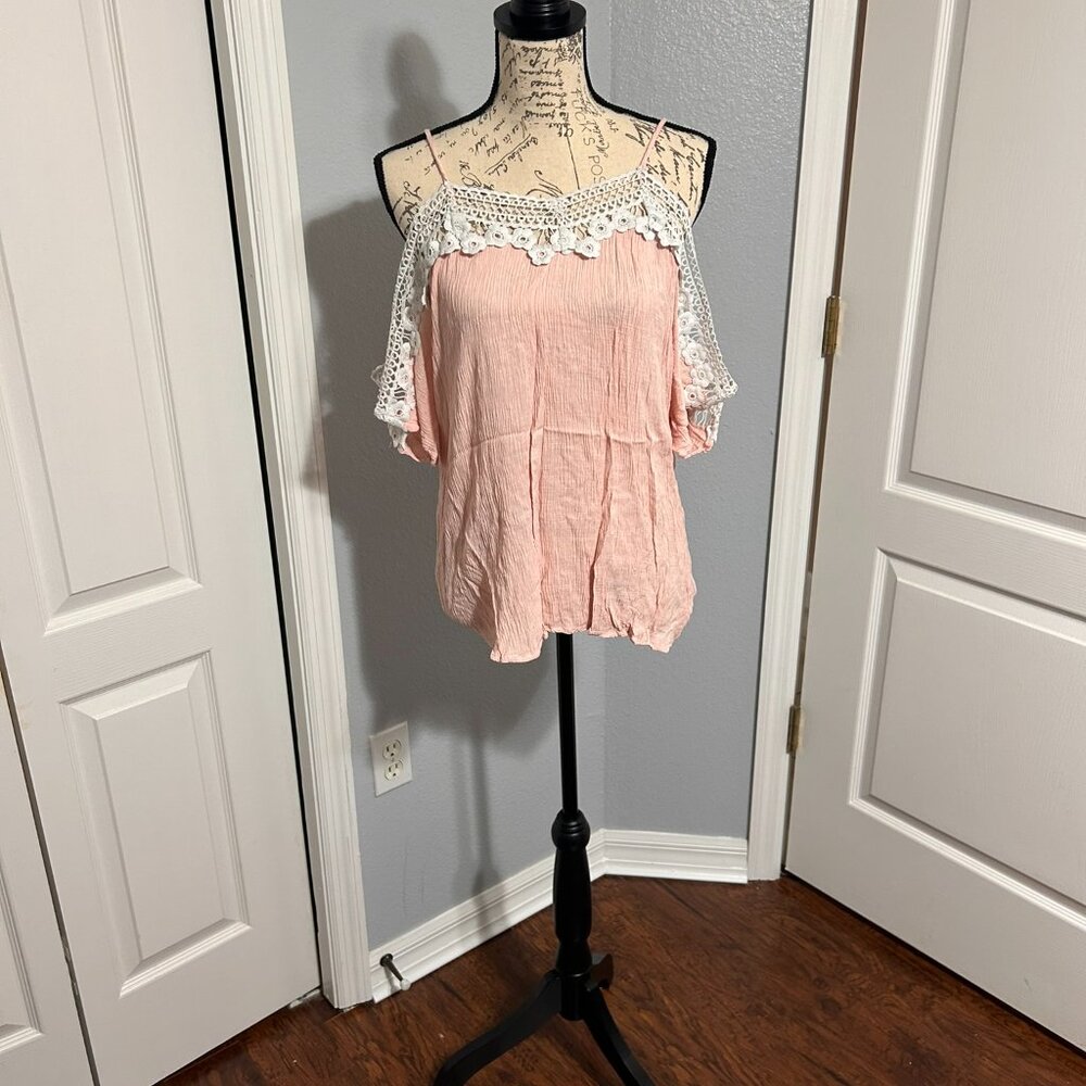Hummingbird Womens Large Cold Shoulder Lace Trim Boho Blouse Top